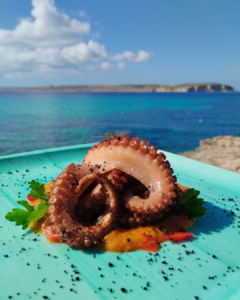 Octopus in garlic with a back ground of the sea